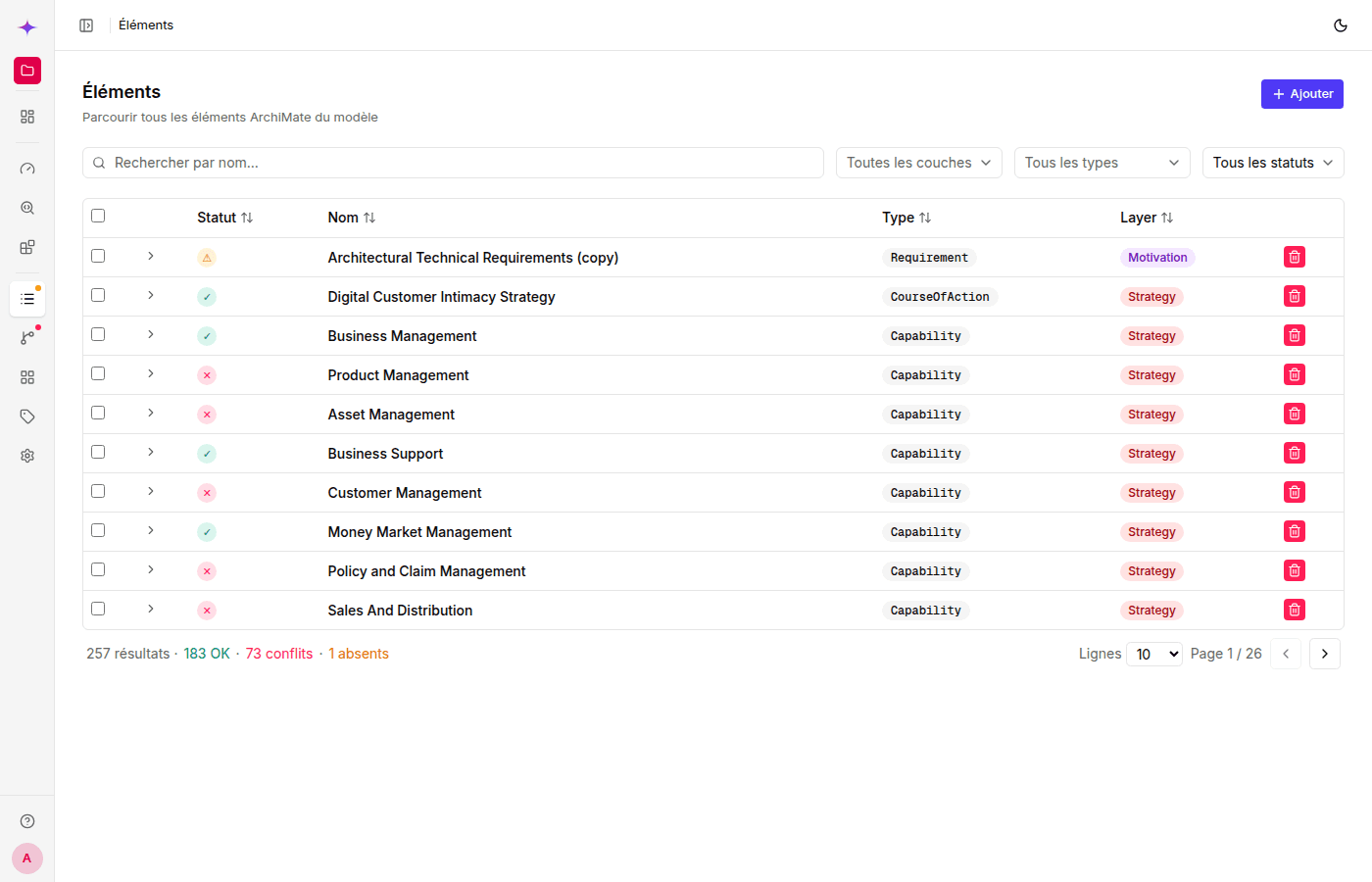 Elements list with name, type, layer, and status columns
