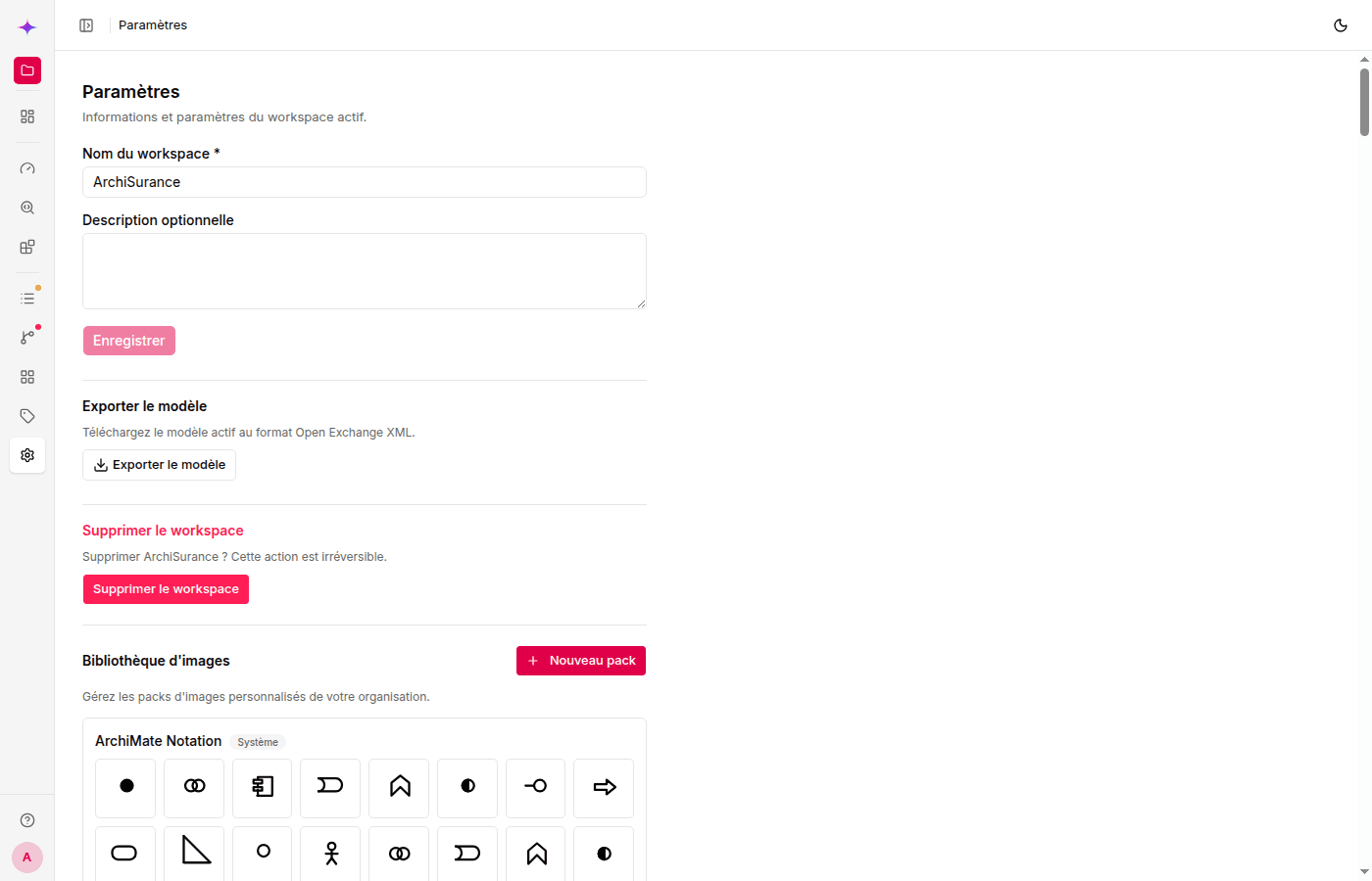 Settings page with workspace rename, export, and image library