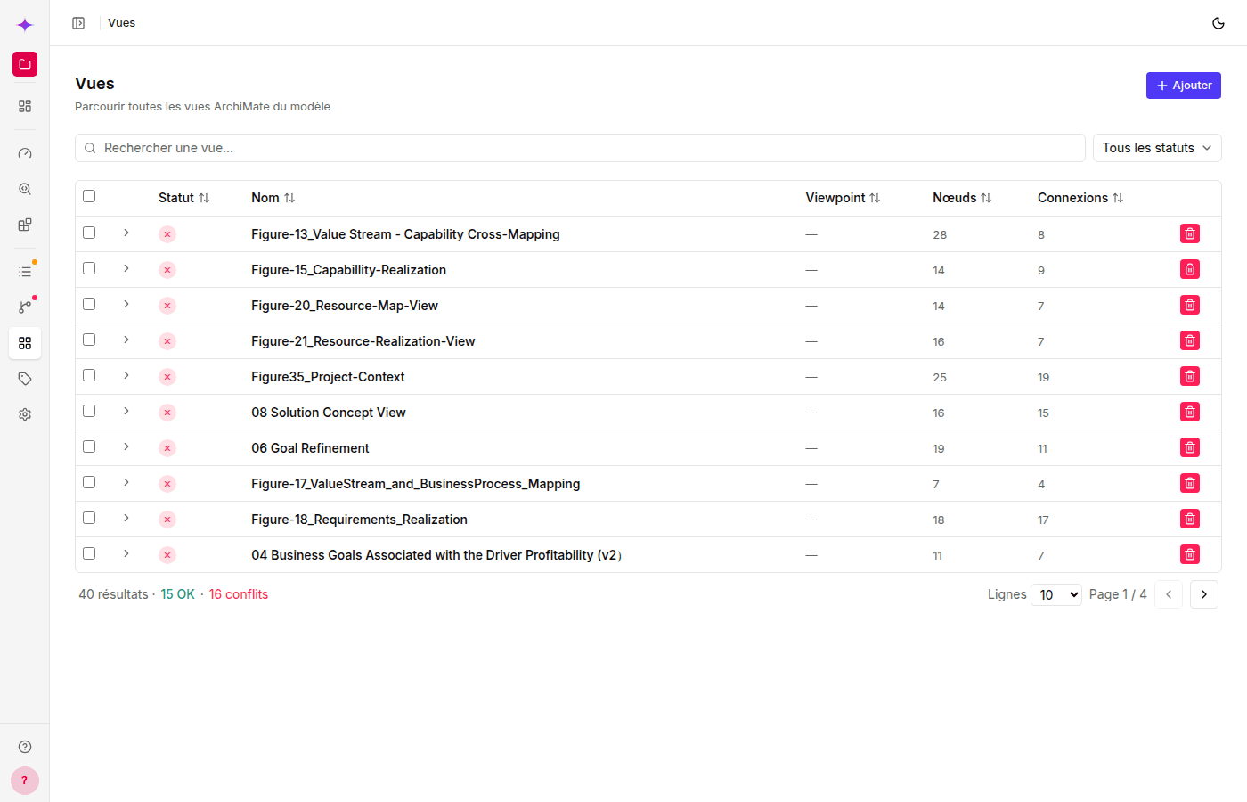 Views list with status, viewpoint, nodes, and connections